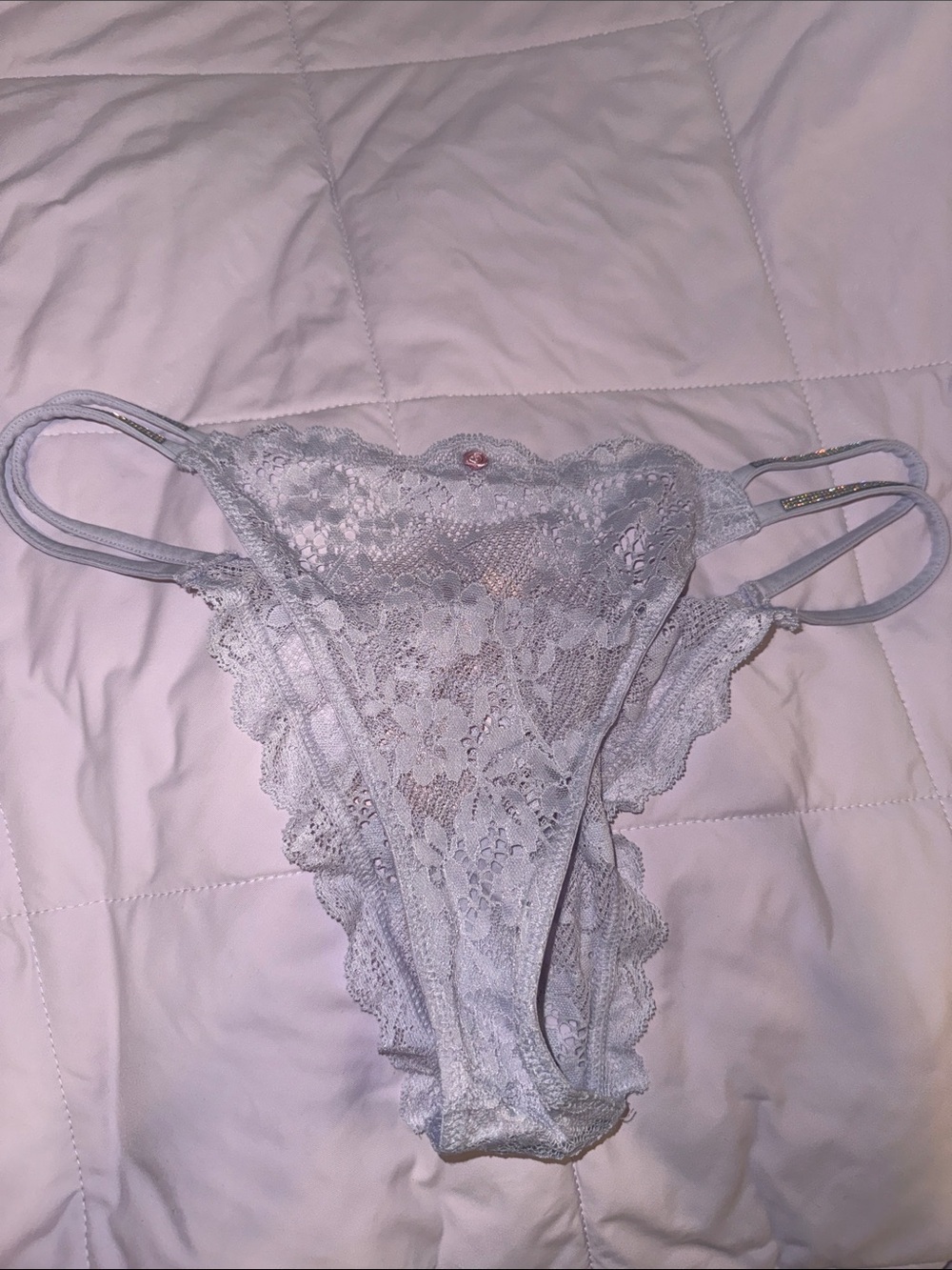 NWT Victoria’s Secret Bling Silver Rhinestone Strap Light Blue Lace Panty